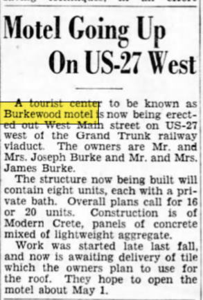 Burkewood Motel (Burkewood Inn) - 1949 Opening Announcement (newer photo)